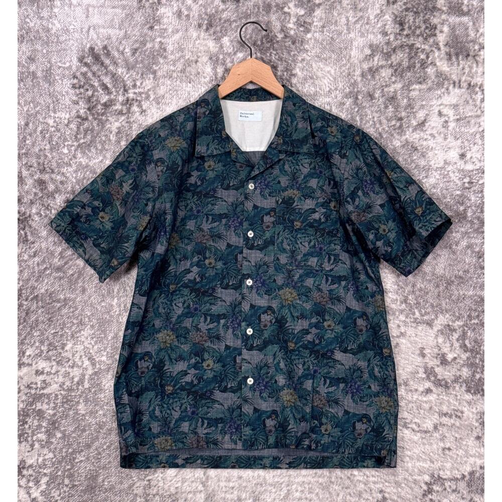 Universal Works Camp Shirt Small Mens Jungle Botanical Chambray Short Sleeve